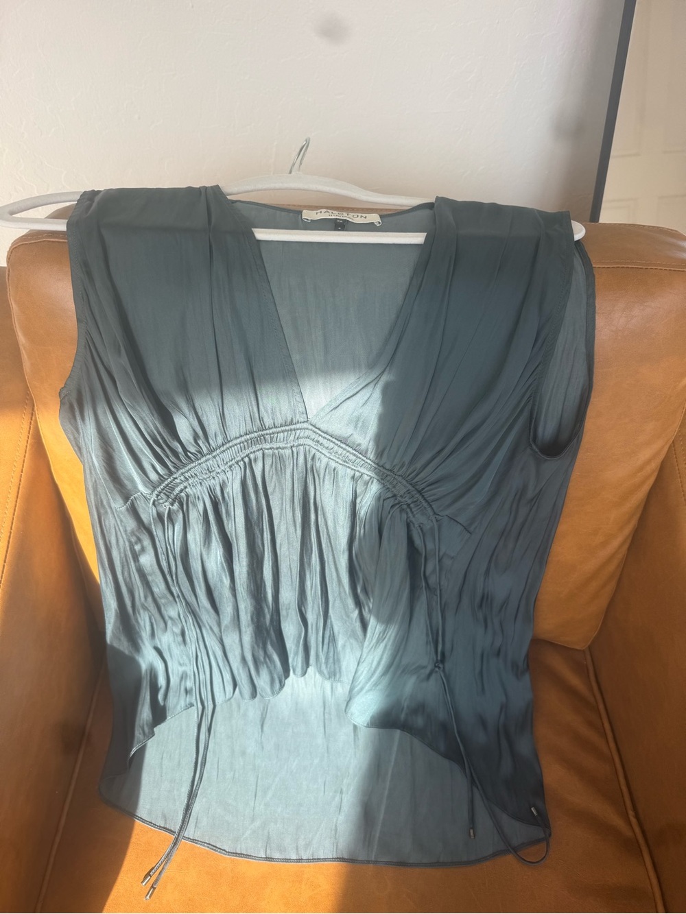 Halston Heritage Teal Sleeveless V-Neck Ruched Peasant Top